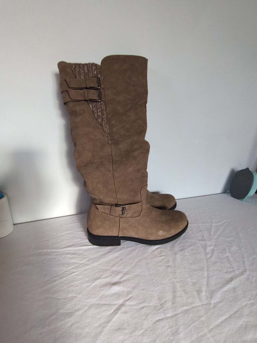 XOXO Marisa Knee High Boots Size 9M Taupe Slouchy Knit Trim